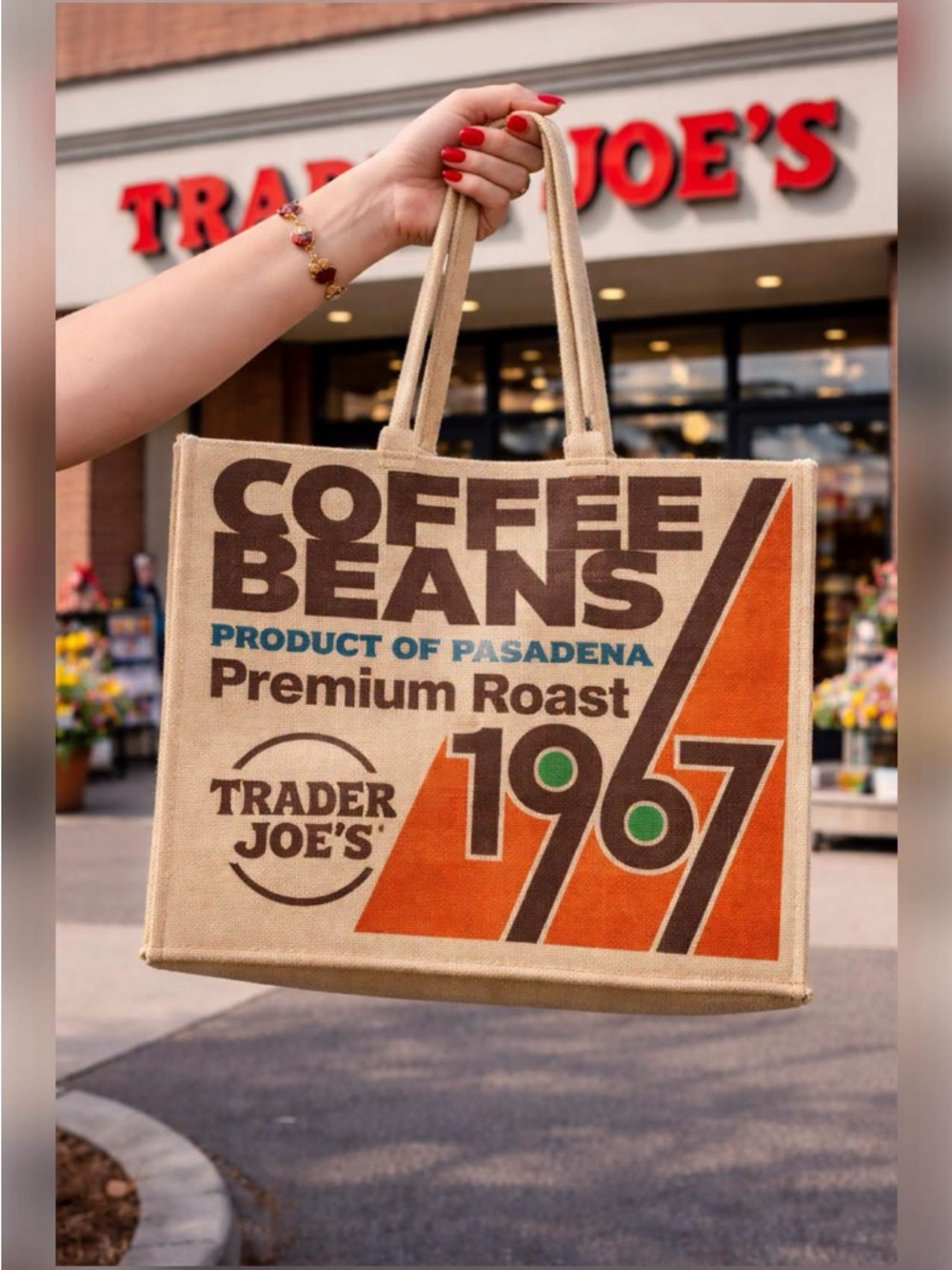 Trader Joe's Burlap Coffee Beans Tote, Tan and Orange, 1967, NWT.